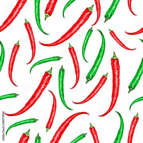 Fresh watercolor green and red chili pepper illustration. Seamless vector pattern