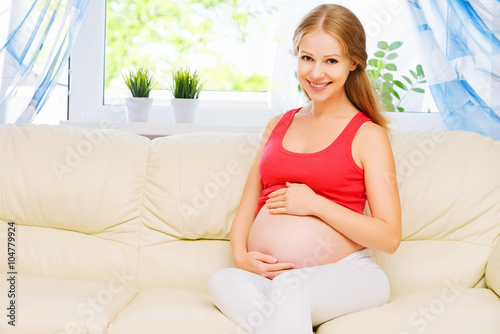 happy pregnant woman is resting at home on sofa