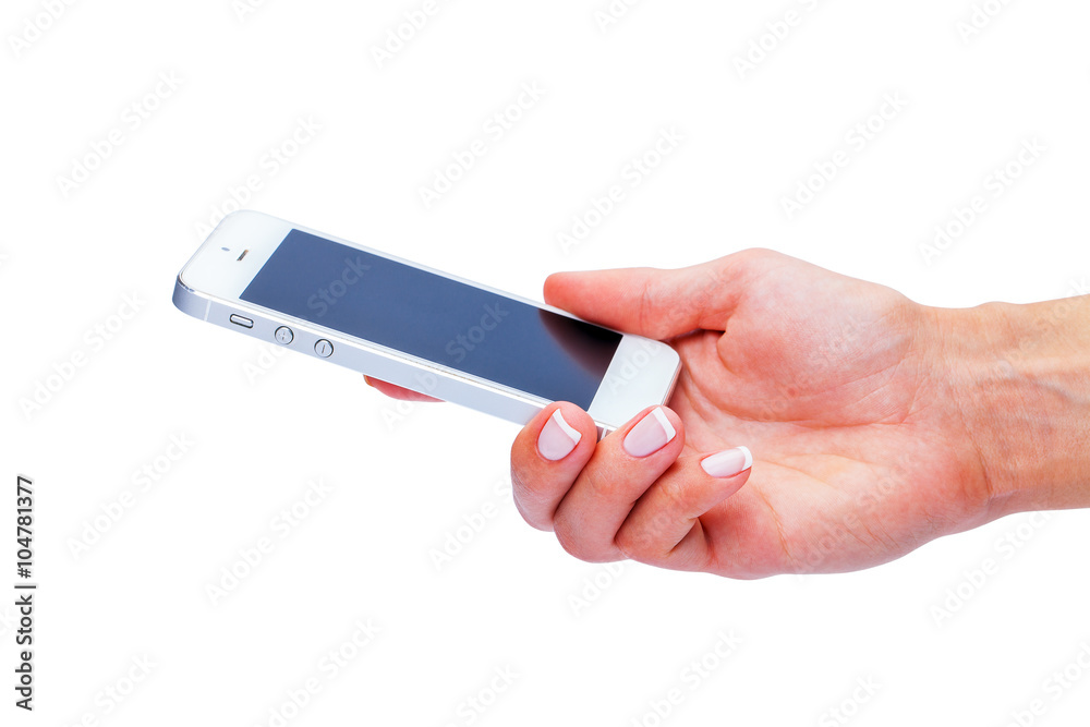 Hand holding White Smartphone with blank screen on white backgro Hand holding White Smartphone with blank screen on white backgro