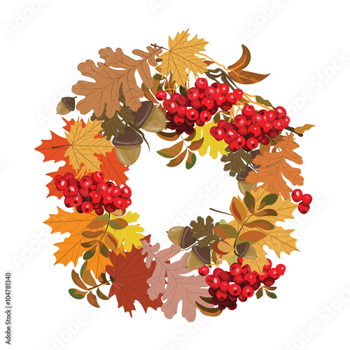 Beautiful autumnal frame of maple leaves, red viburnum and nuts. Vector