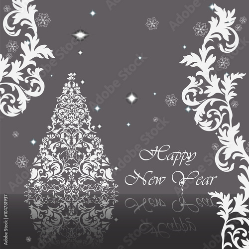 Classic royal silver ornamented New Year card. Vector