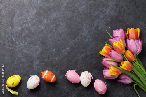 Sticker Colorful easter eggs and tulips