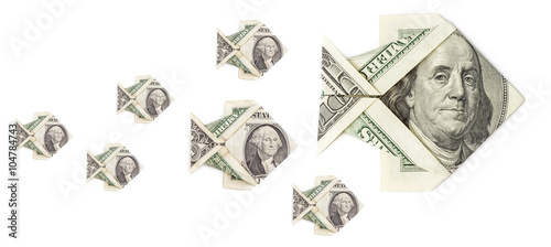 Shoal of dollar origami fish isolated