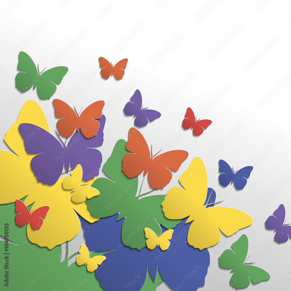 Abstract 3D decorative design is created of many colored paper-butterflies. Origami with color, light and shadow