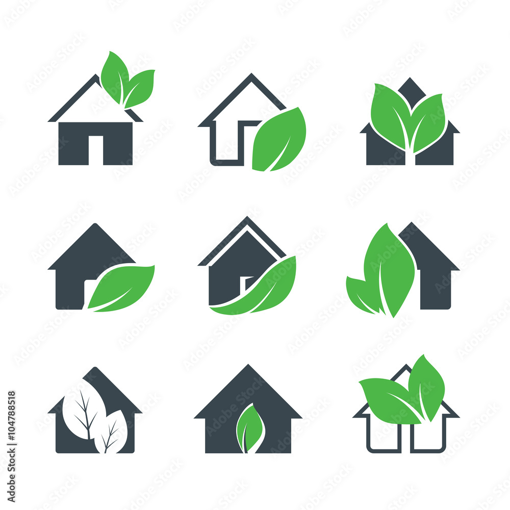 Obraz premium Grey Vector Hous and Green Leaf. Vector Icon.