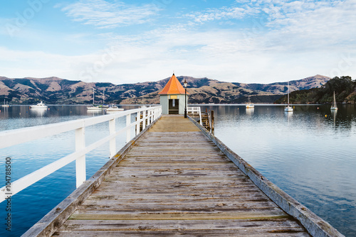 Jetty pier building on lake at Akaroa ,South Island New Zealand, Toned Image
