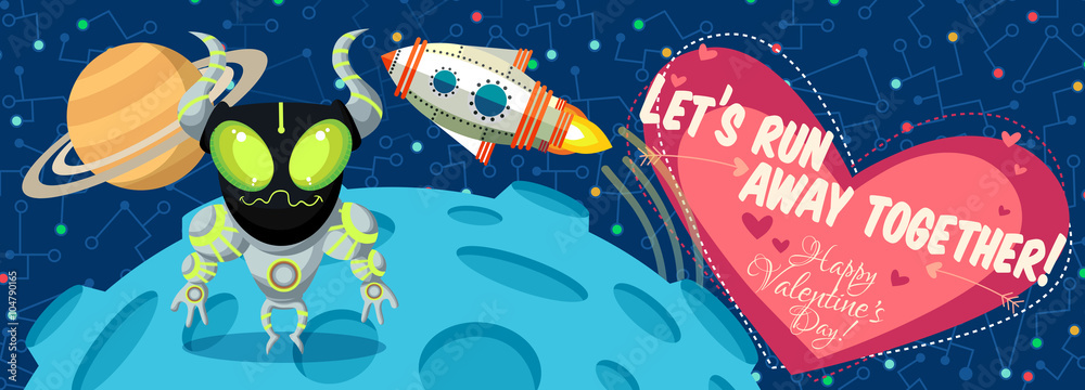 Vector illustration about outer space for Valentines day.