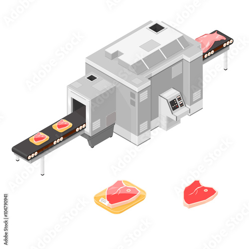 A vector illustration icon of an isometric Meat processing plant machine.
Industrial technology depicting the meat - producing and packing industry.
