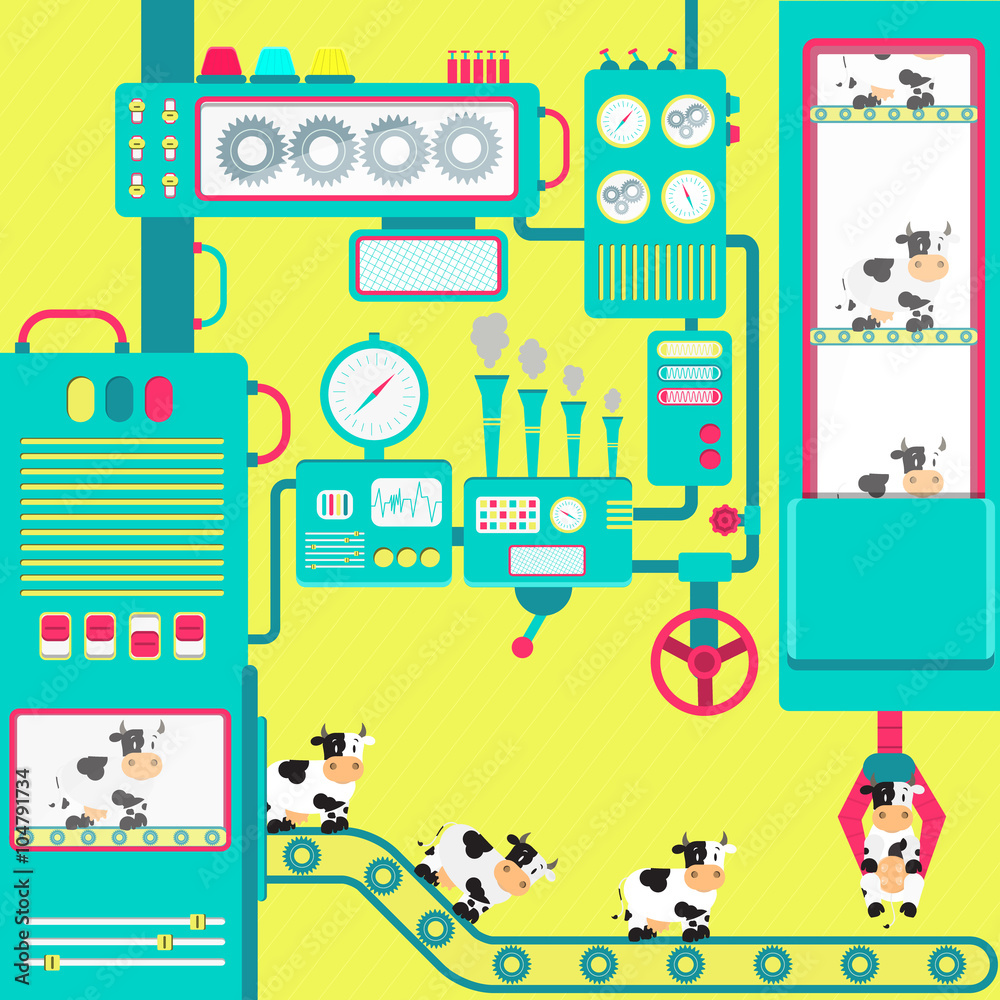 Naklejka premium Colorful factory of cows with cute machines. Fantasy. Conceptual. Flat design.
