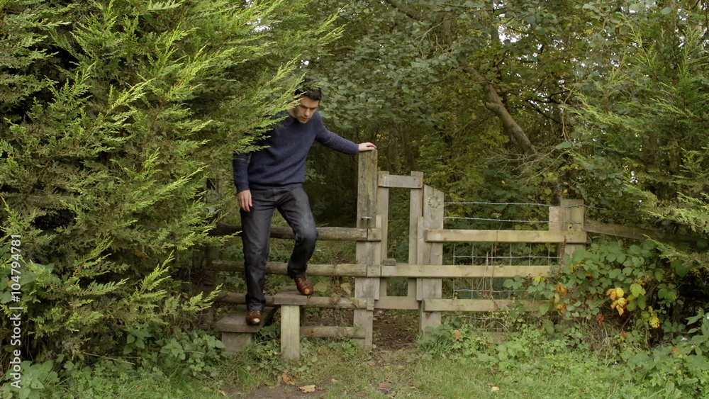 Hiker Walking Over Stile In Autumnal Wood Hiker Walking Over Stile In Autumnal Wood