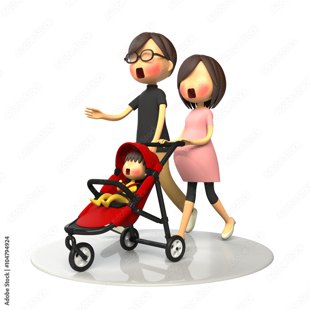 ベビーカーの赤ちゃんと歩く夫婦
