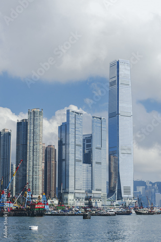 Modern office and residential buildings in Hong Kong harbor