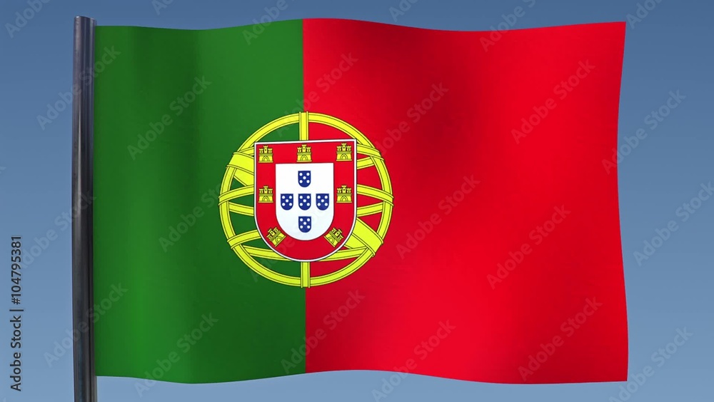Looping flag of Portugal with a background of clear blue sky.