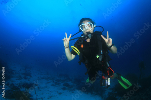 Scuba diver exploring coral reef
