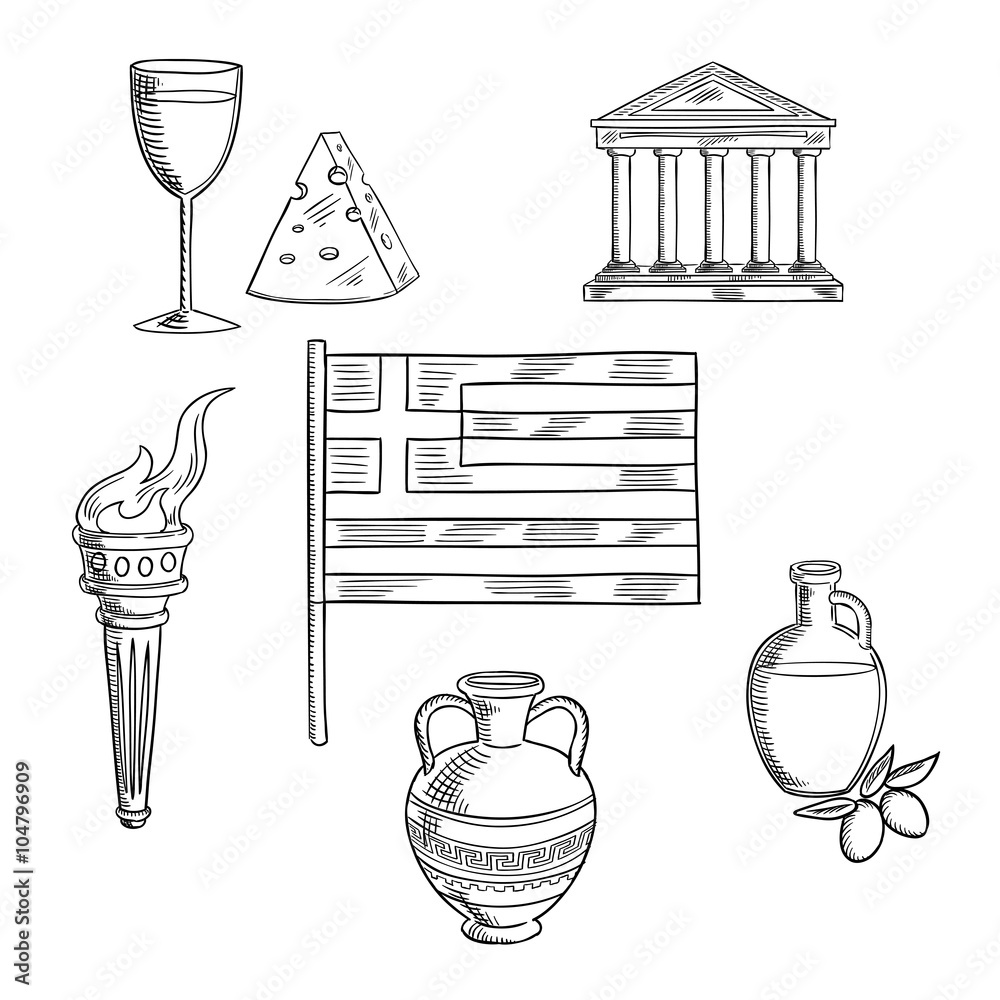 Traditional Greece symbols and culture objects - obrazy, fototapety, plakaty 