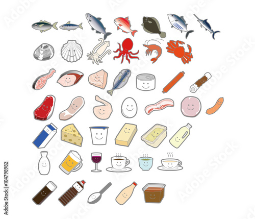 食品分類アイコン(顔つき) 魚介類 肉類 乳