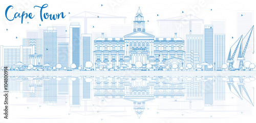 Outline Cape town skyline with blue buildings and reflection.