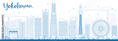 Outline Yokohama Skyline with Blue Buildings.