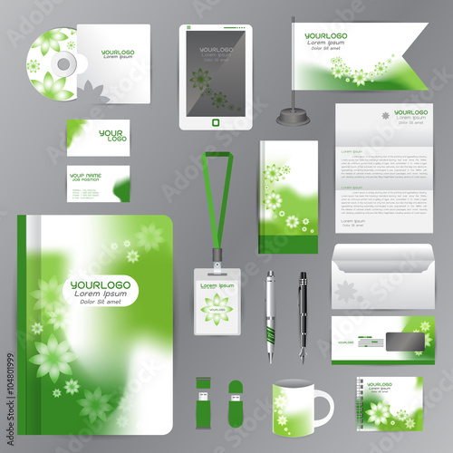 White identity template with green Flower origami elements. Vector company style for brandbook guideline and Pens mugs CDs books business cards letterhead flag Card Portfolio employees Tablet