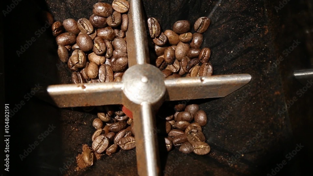Fresh coffee beans grinder top view