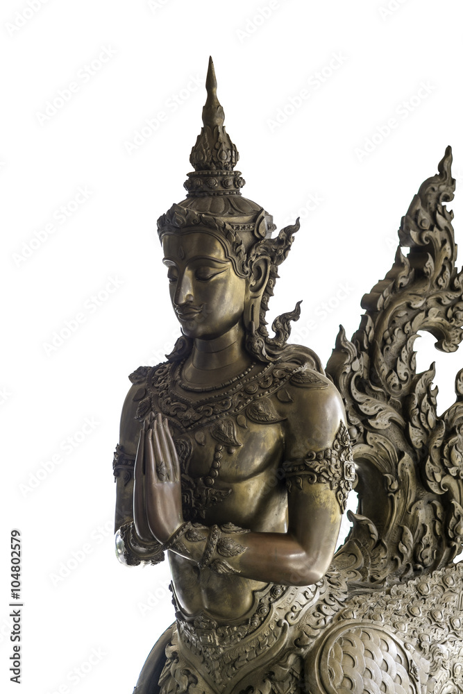 Thai Art bronze sculpture of angle isolated in white background.
