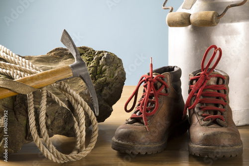 vintage mountaineering equipment / old equipment for mountain hikes photo