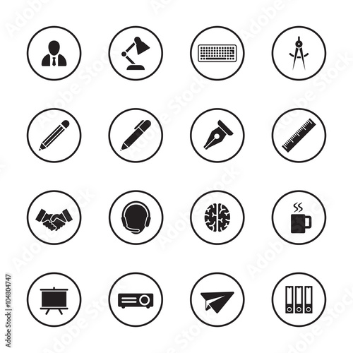 black flat business and office icon set with circle frame for web design, user interface (UI), infographic and mobile application (apps)