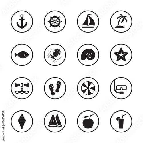 black flat summer icon set with circle frame for web design, user interface (UI), infographic and mobile application (apps)