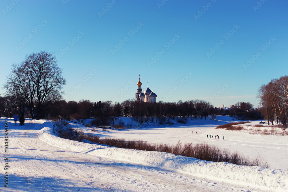 sun day church in the winter forest