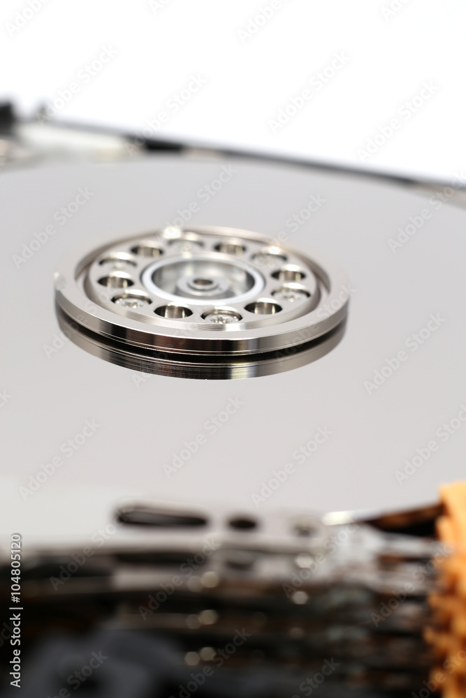 Inside Hard Disk Drive (HDD)-Computer Hardware Components Focus on Spindle. Inside Hard Disk Drive (HDD)-Computer Hardware Components Focus on Spindle.