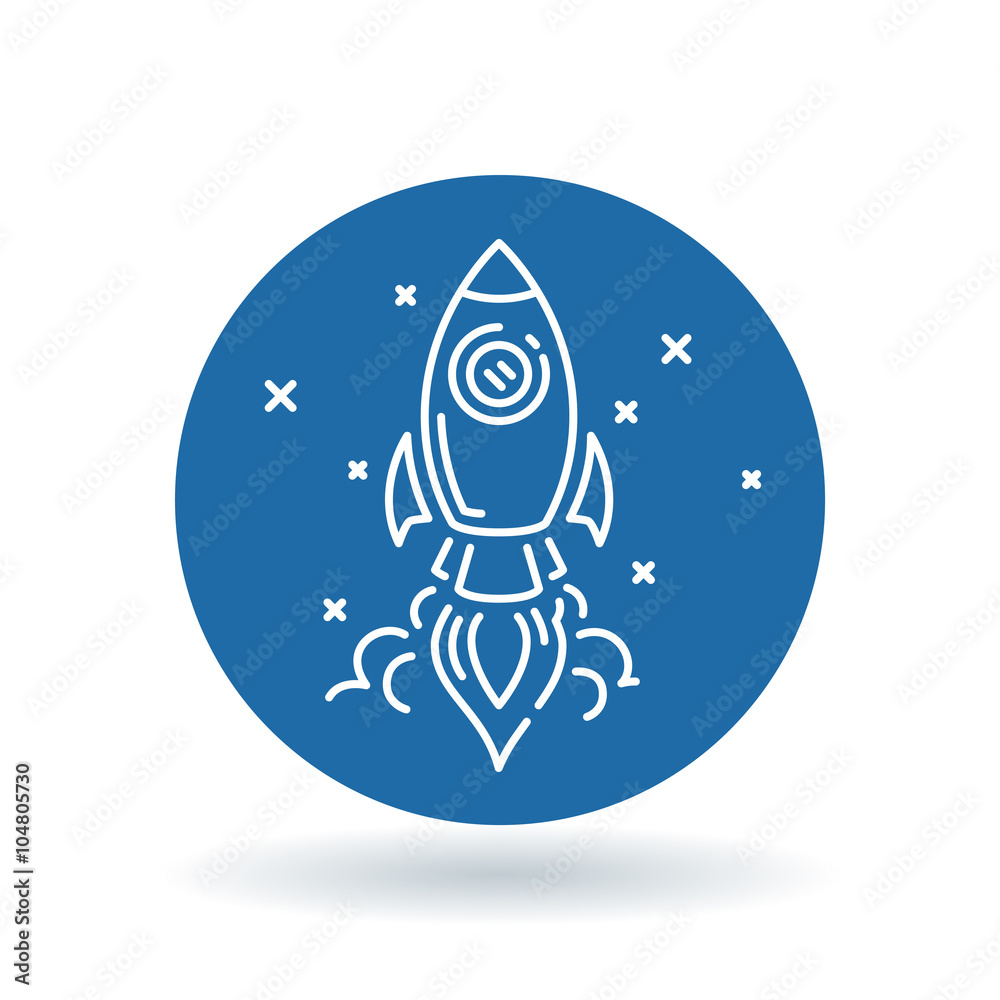 Rocket launch icon. Spaceship launch sign. Space craft flying symbol. White flying spaceship with stars icon on blue circle background. Vector illustration. Rocket launch icon. Spaceship launch sign. Space craft flying symbol. White flying spaceship with stars icon on blue circle background. Vector illustration.