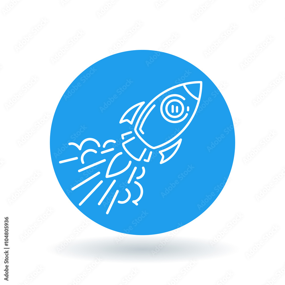 Conceptual rocket flying icon. Space Rocket flying sign. Spaceship symbol. White flying space ship icon on blue circle background. Vector illustration. Conceptual rocket flying icon. Space Rocket flying sign. Spaceship symbol. White flying space ship icon on blue circle background. Vector illustration.