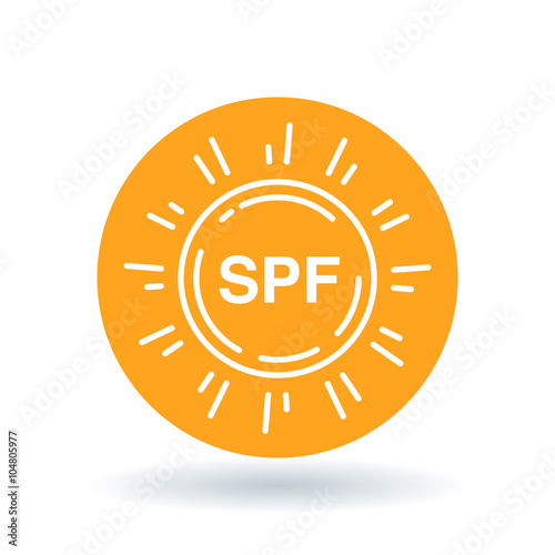 SPF sun icon. SPF symbol. UV SPF protection sign. White SPF sun icon on orange circle background. Vector illustration.