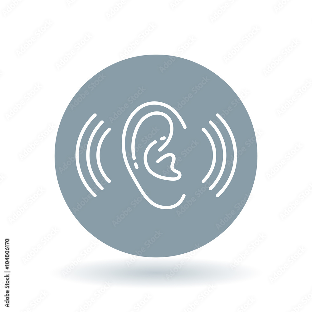 Ear hearing aid icon. Volume increase sign. Ear hear symbol. White ear volume icon on cool grey circle background. Vector illustration. Ear hearing aid icon. Volume increase sign. Ear hear symbol. White ear volume icon on cool grey circle background. Vector illustration.