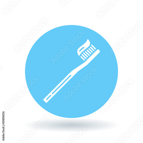 Brush teeth icon. Toothbrush with toothpaste sign. Dental care symbol. White toothbrush icon on blue circle background. Vector illustration.