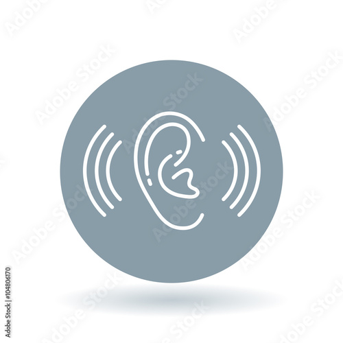 Ear hearing aid icon. Volume increase sign. Ear hear symbol. White ear volume icon on cool grey circle background. Vector illustration.
