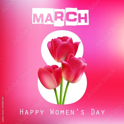 Happy Women's Day with red tulips on pink background 