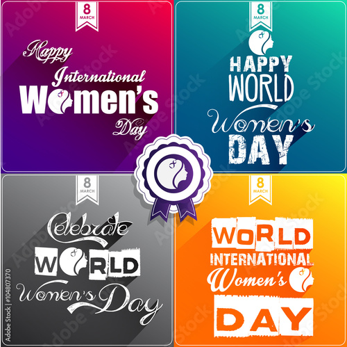 Happy Women's Day Flat Design greeting card, gift card wallpaper on red background, green background, orange background and gray background with 8th March World Women's Day celebration typography