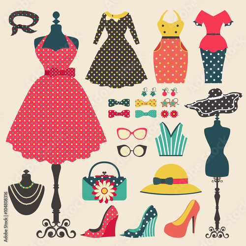 Old retro woman fashion clothes, garment, and accessories flat icon design in vintage pastel color style, create by vector