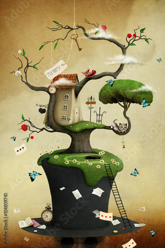Conceptual illustration of tree with hat and fabulous and fancy objects
