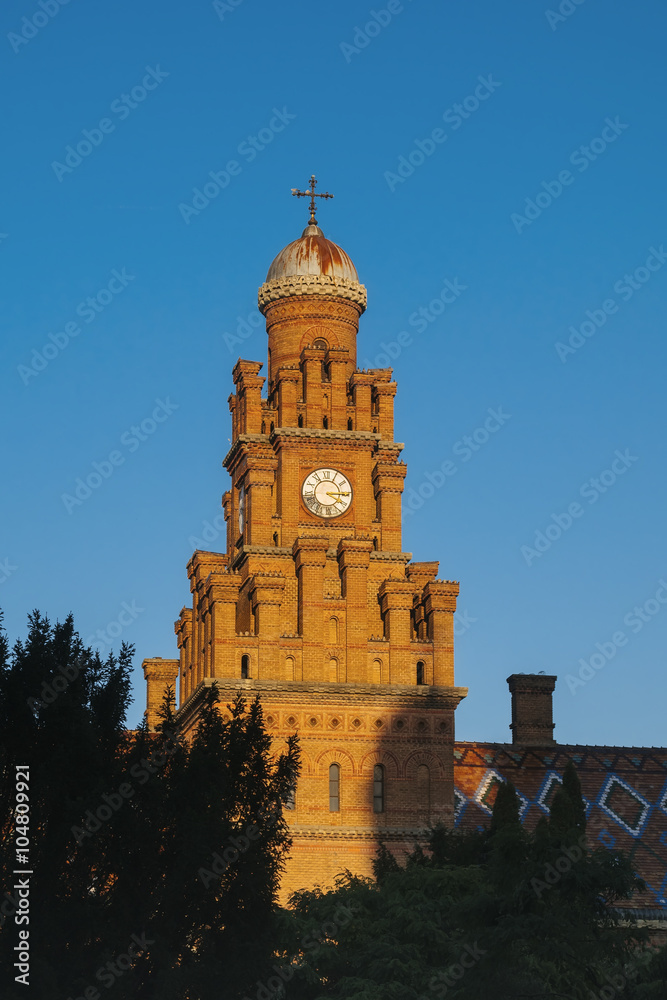 Naklejka premium Clock tower made from brown bricks of Chernivtsi Univercity