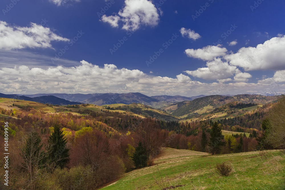 Mountain valley with clouds in Carpathians, Ukraine