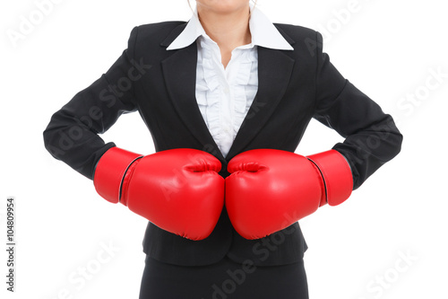 Asian business woman with boxing gloves isolated on white backgr