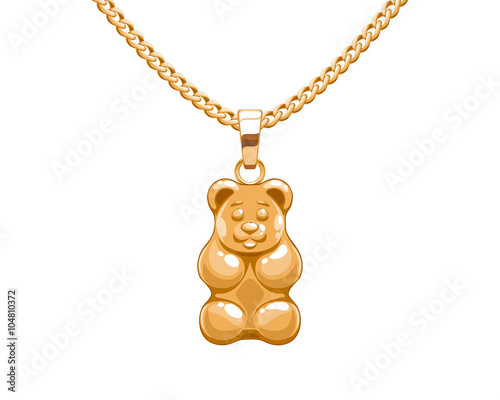 Golden gummy bear pendant on chain.