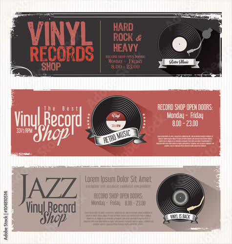 Vinyl record shop retro grunge banner