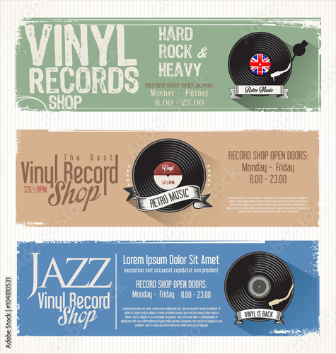 Vinyl record shop retro grunge banner