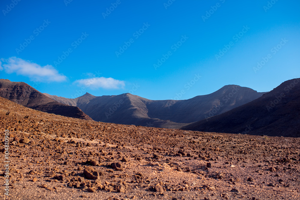 Deserted landscape with mountains on the south of Fuerteventura island in Spain