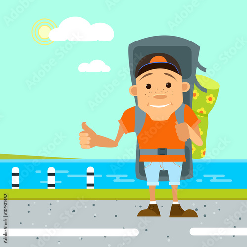 Vector illustration in flat style. Hitchhiker and tourist. Young man hitchhiker tourist on the beach with large backpack. Hitchhiker and traveler shows gesture hitchhiking