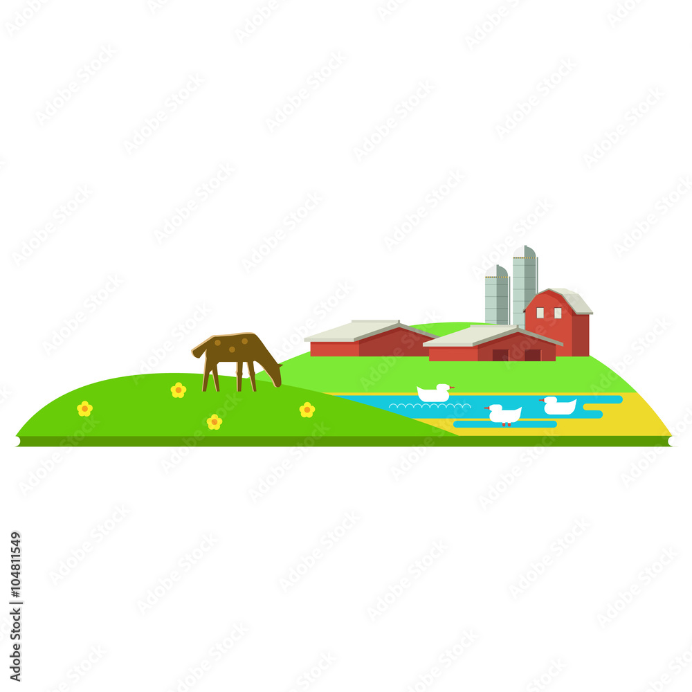  Vector illustration rural landscape. Rural landscape with hill, farm, animals. Rural life. Rural lifestyle. Rural landscape with rural buildings, farm, valley