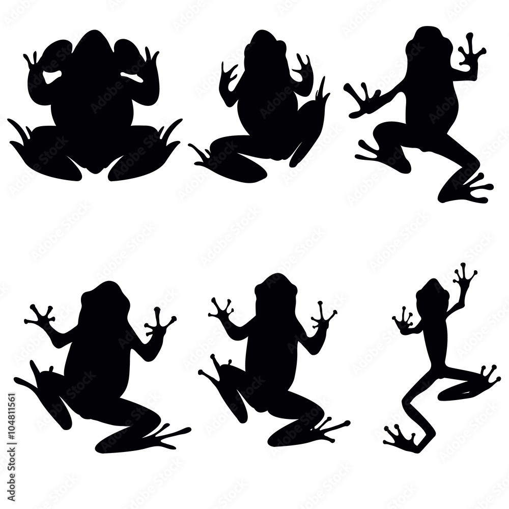 Fototapeta premium Vector frogs silhouette on the white background. Six frog silhouettes. Collection of vector frogs silhouette isolated. Vector silhouettes of frogs , top view
